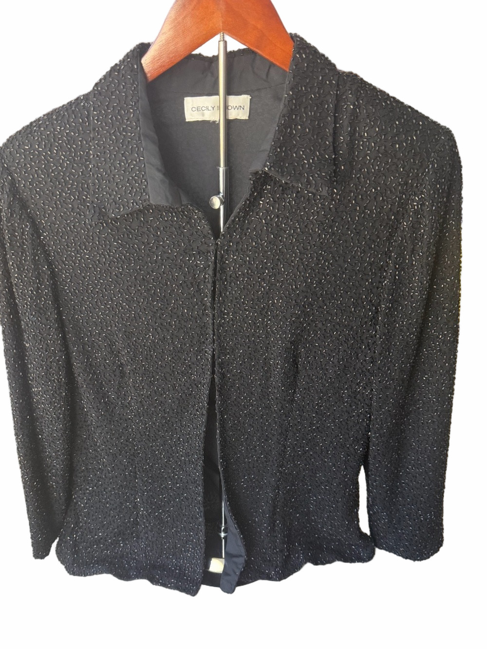 Vintage Cecily Brown 100% Silk Beaded Evening Jacket Black XS